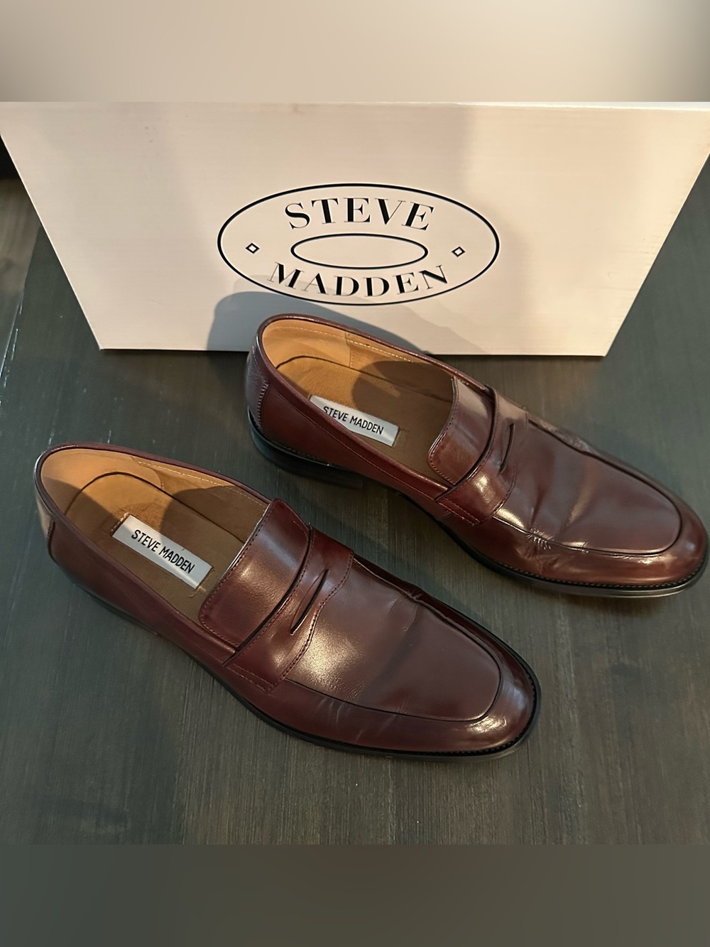 Steve Madden Men's Burgundy Leather Penny Loafers - Classic Slip-On